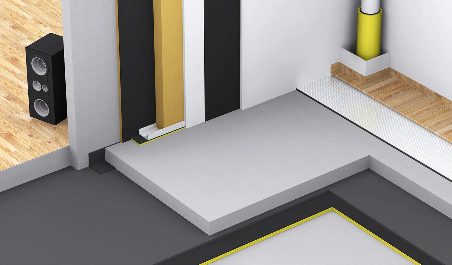 Fonoizolare pereți tavane pardoseli cu material de izolare pe perete și pardoseală în interior modern.
