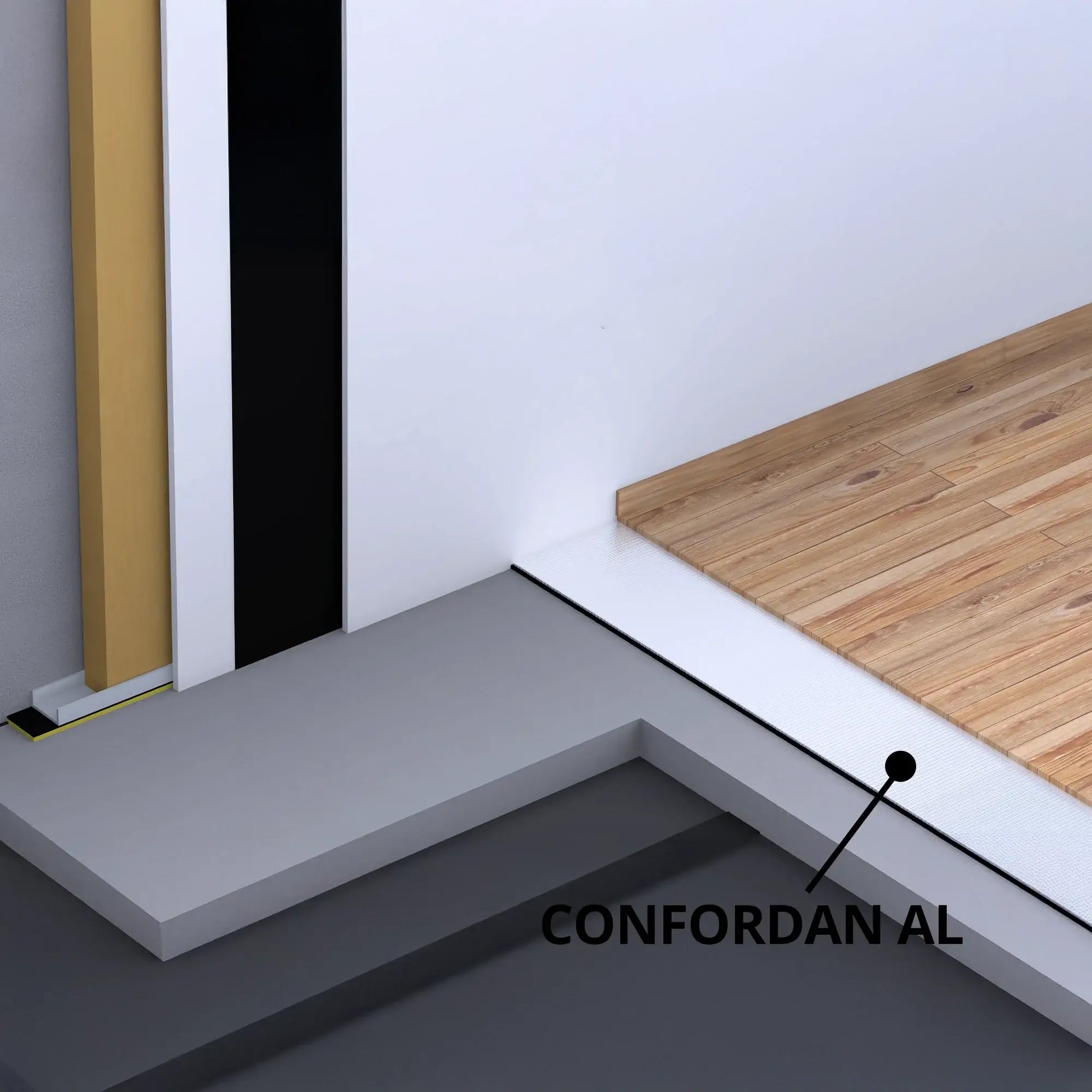 Membrană fonică aluminizată CONFORDAN AL instalată sub parchet pentru reducerea zgomotelor de impact.