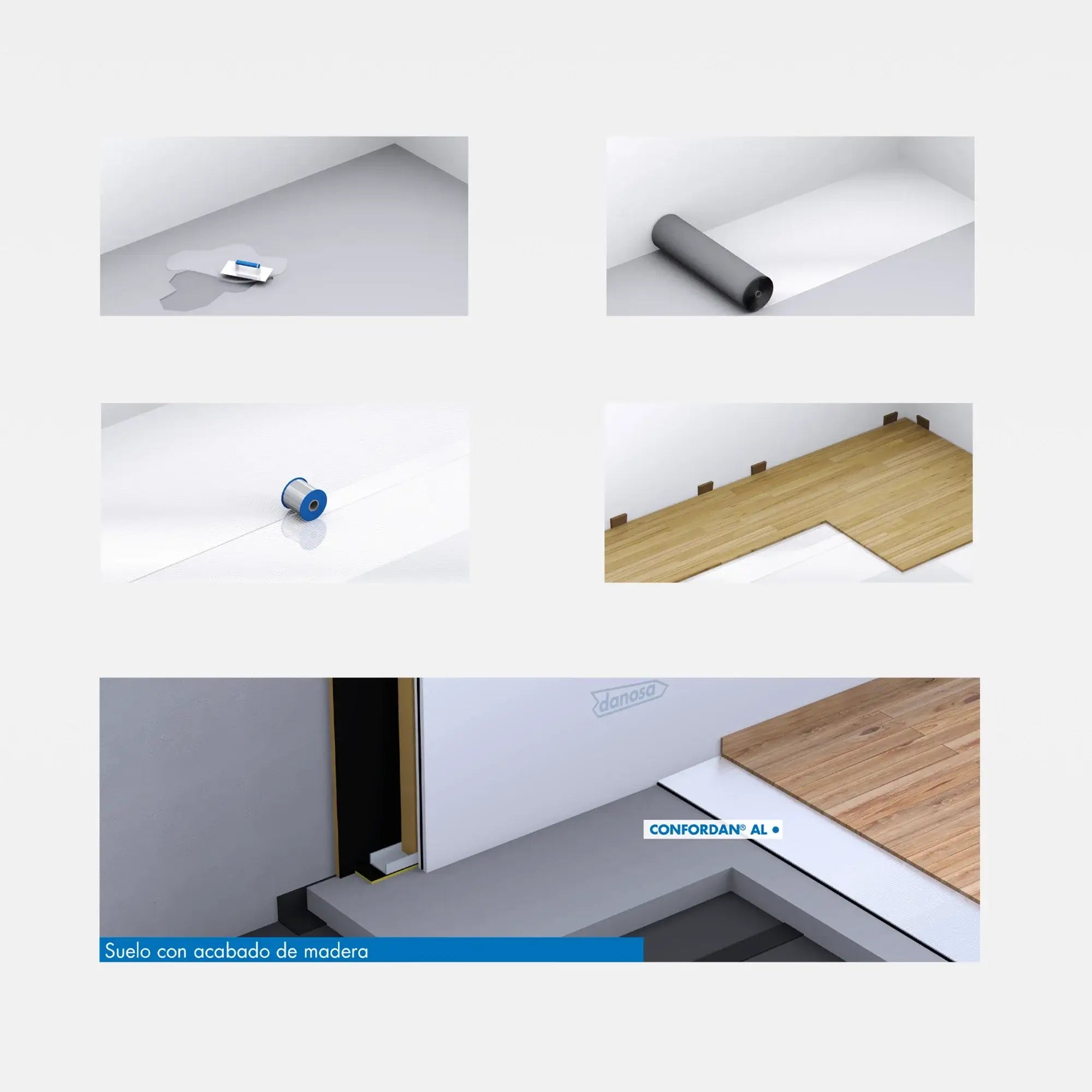 Membrană fonică aluminizată CONFORDAN AL aplicată sub parchet laminat pentru reducerea zgomotelor de impact.